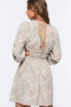 Paisley Peasant-Sleeve Mini Dress