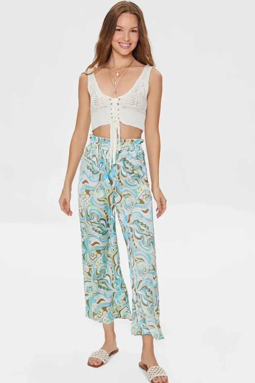 Paisley Print Paperbag Satin Pants