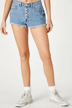 Pearl Button Denim Mom Shorts