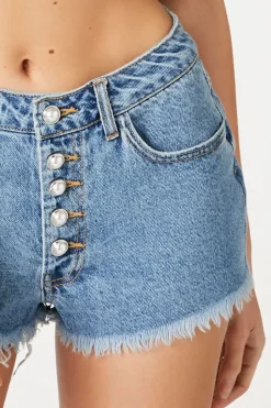 Pearl Button Denim Mom Shorts