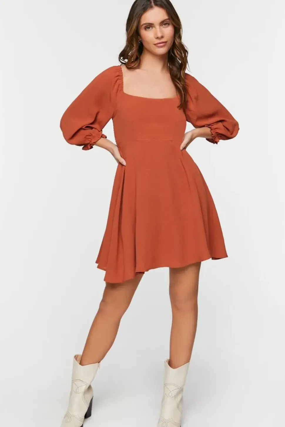 Peasant-Sleeve Babydoll Mini Dress
