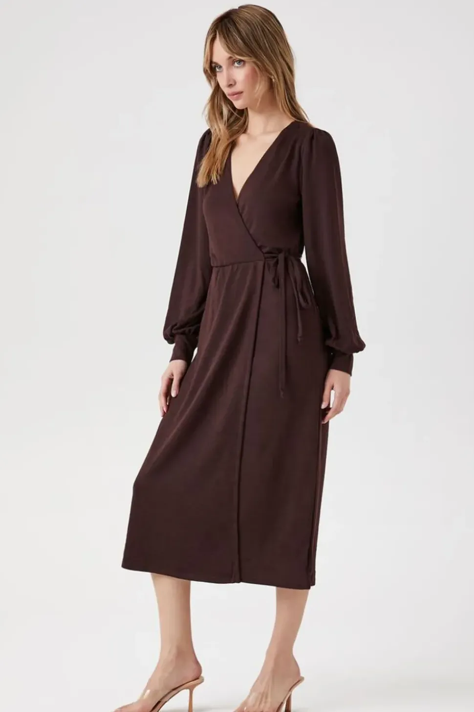 Peasant-Sleeve Midi Wrap Dress