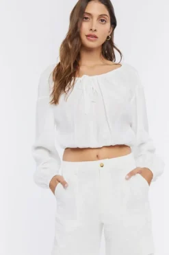 Peasant-Sleeve Ruched Crop Top