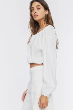 Peasant-Sleeve Ruched Crop Top