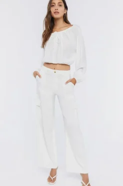 Peasant-Sleeve Ruched Crop Top