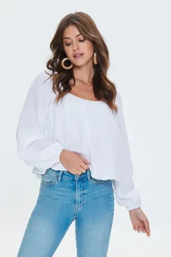 Peasant-Sleeve Split-Back Top