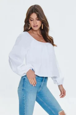 Peasant-Sleeve Split-Back Top