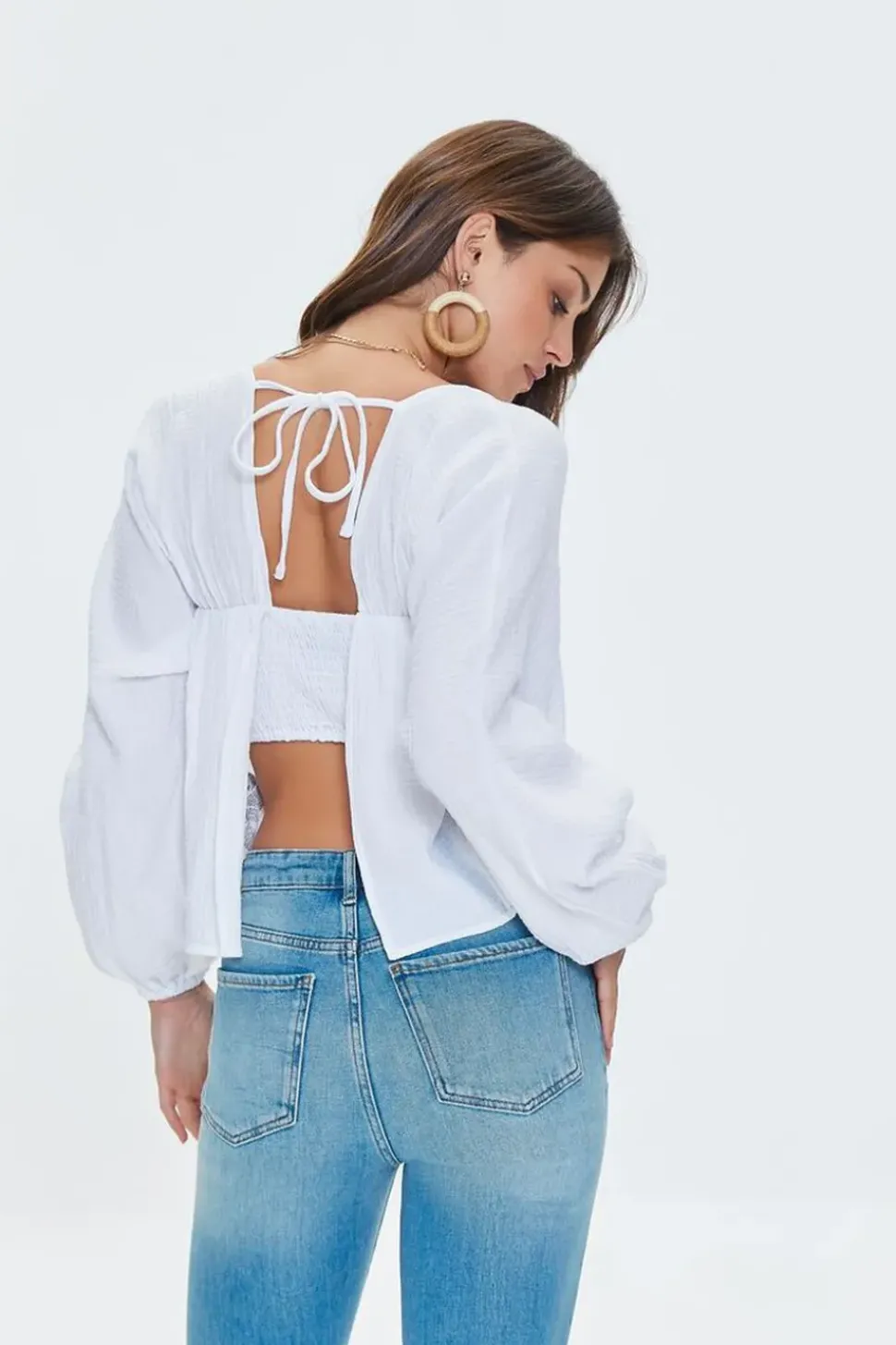 Peasant-Sleeve Split-Back Top