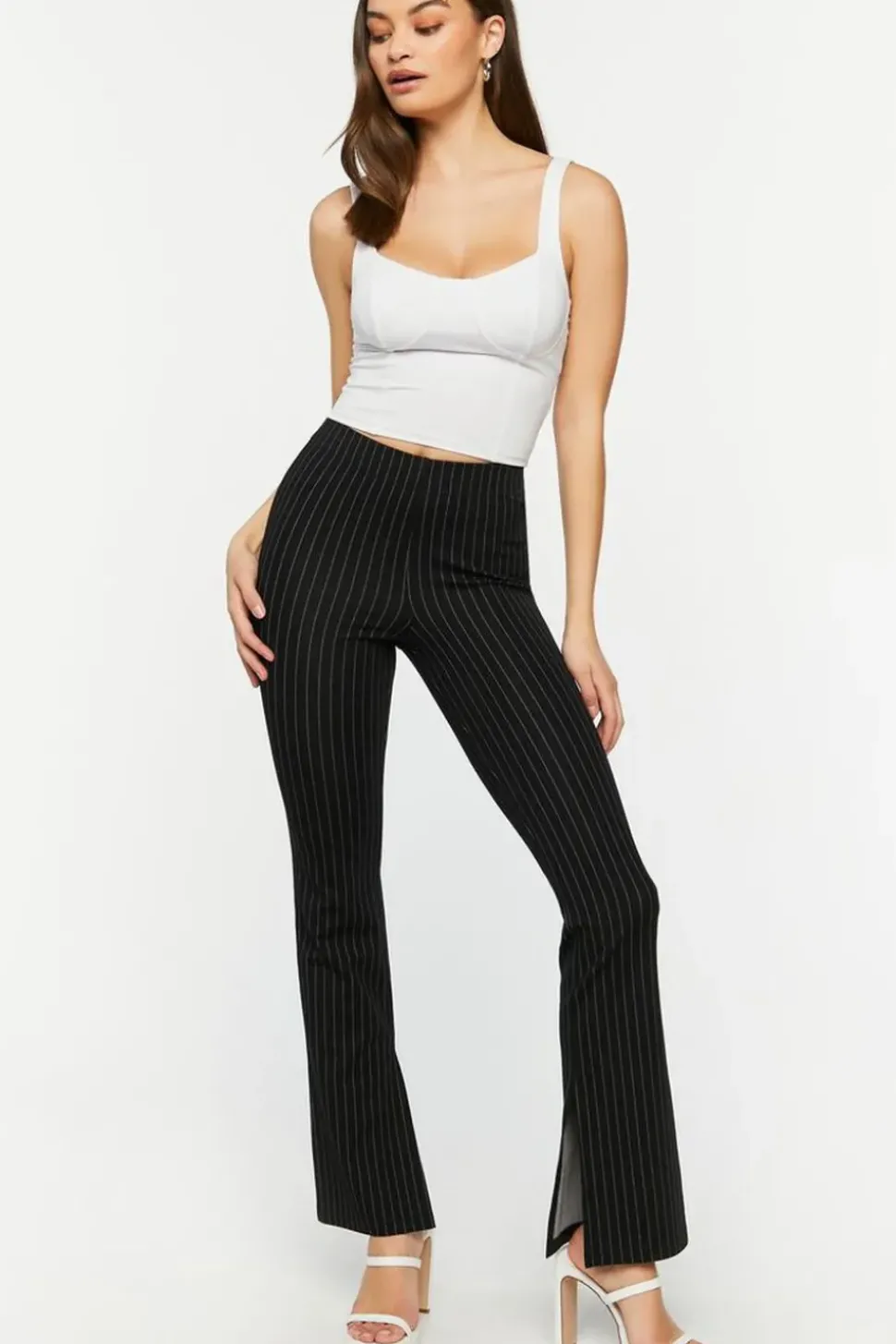 Pinstriped Split-Hem Straight-Leg Pants