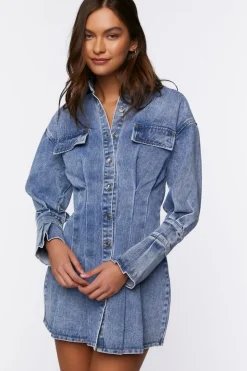 Pintucked Denim Mini Shirt Dress