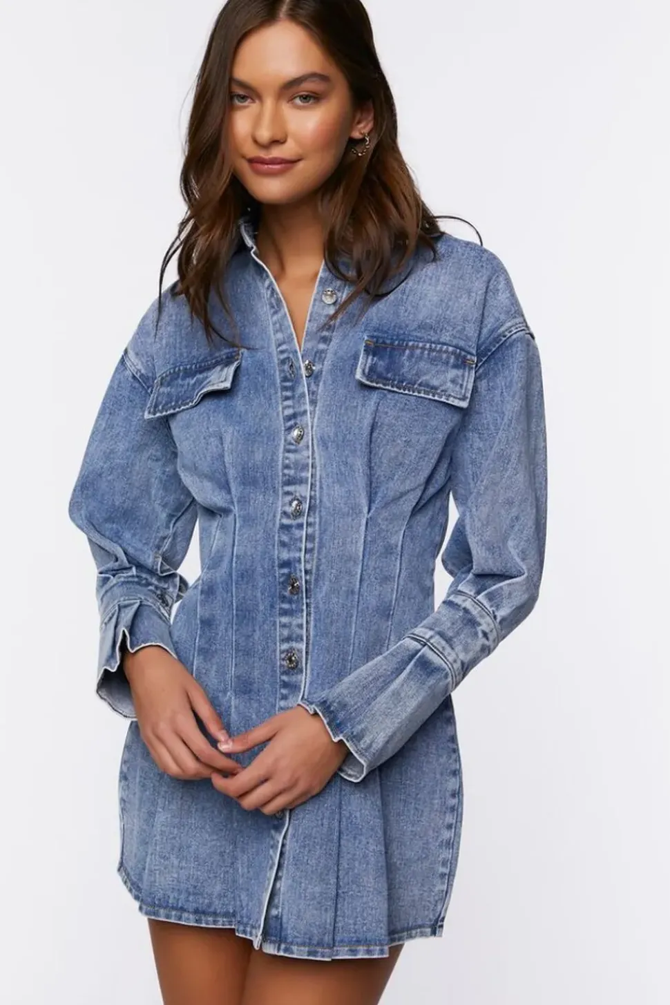 Pintucked Denim Mini Shirt Dress
