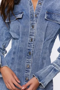 Pintucked Denim Mini Shirt Dress