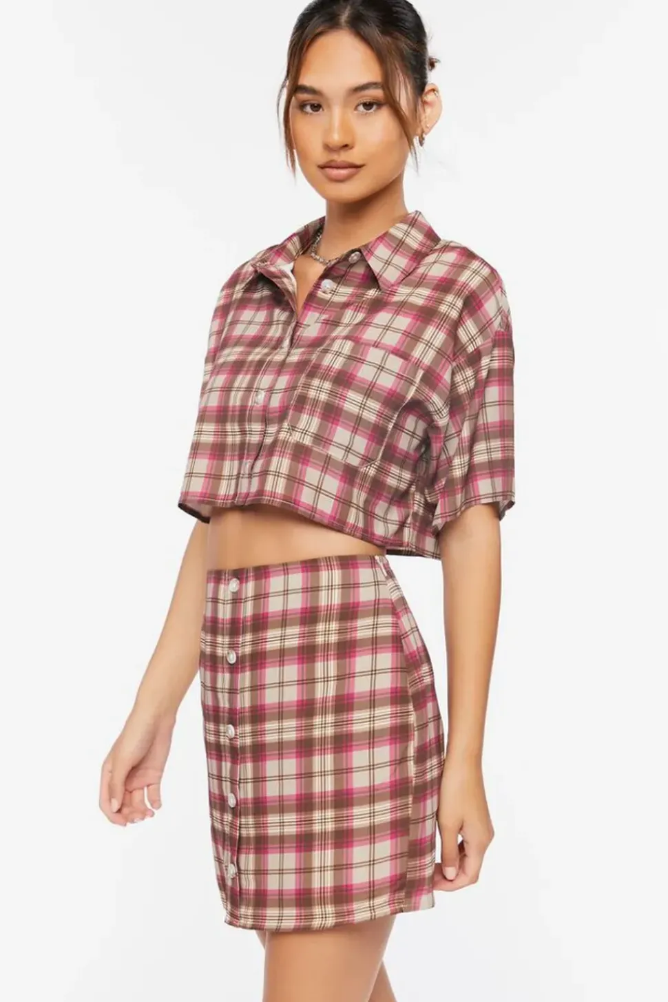 Plaid Cropped Shirt & Skirt Set