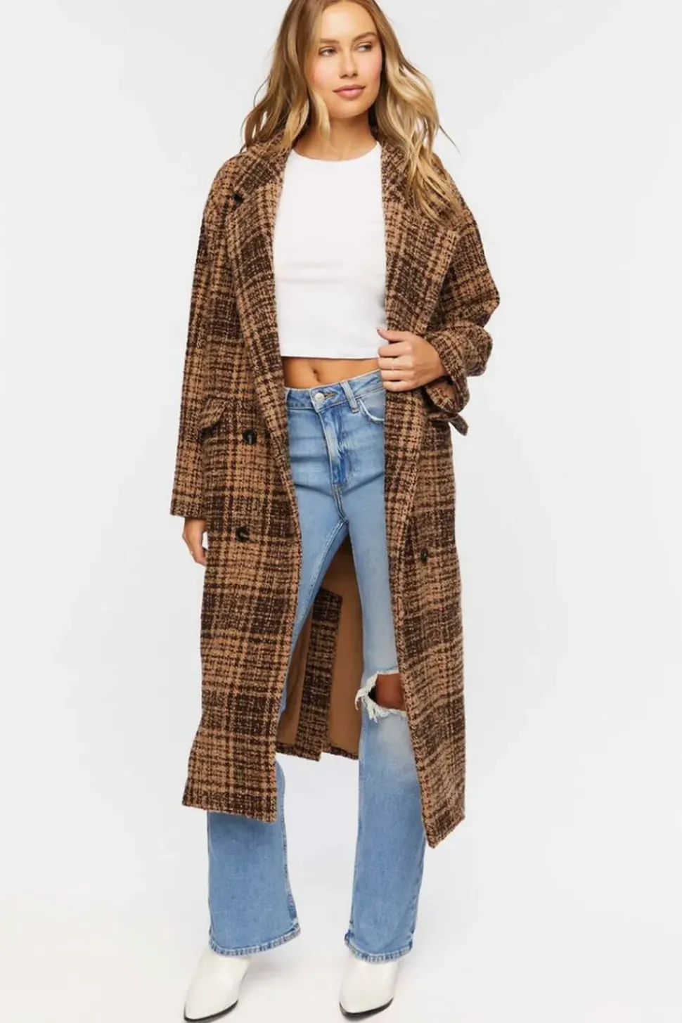 Plaid Double-Breasted Longline Coat
