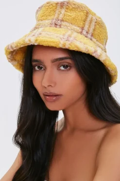 Plaid Faux Shearling Bucket Hat