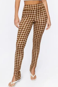 Plaid Ponte Knit Split-Hem Pants