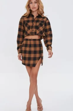 Plaid Shirt & Buttoned Skirt Set