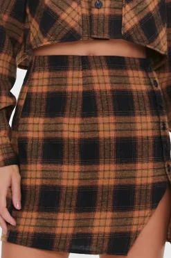 Plaid Shirt & Buttoned Skirt Set
