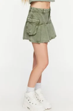 Pleated Drop-Waist Denim Mini Skirt