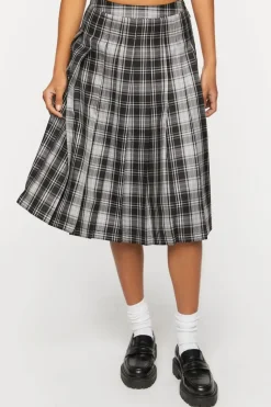 Pleated Plaid Midi Skirt