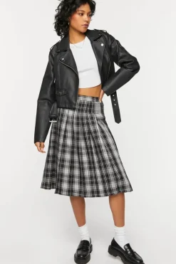Pleated Plaid Midi Skirt