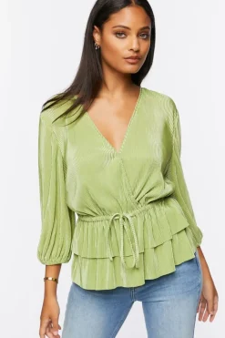 Plisse Surplice Layered-Hem Top