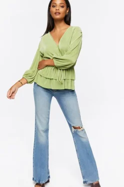 Plisse Surplice Layered-Hem Top