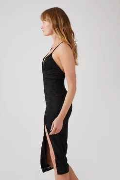 Plunging Crisscross Lace Midi Dress