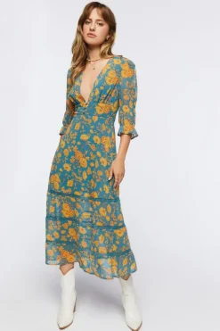 Plunging Floral Chiffon Midi Dress