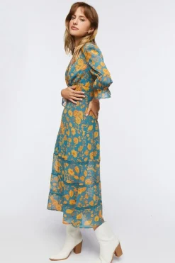 Plunging Floral Chiffon Midi Dress