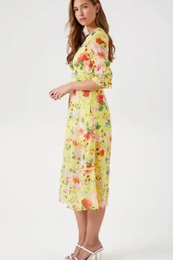 Plunging Floral Chiffon Midi Dress