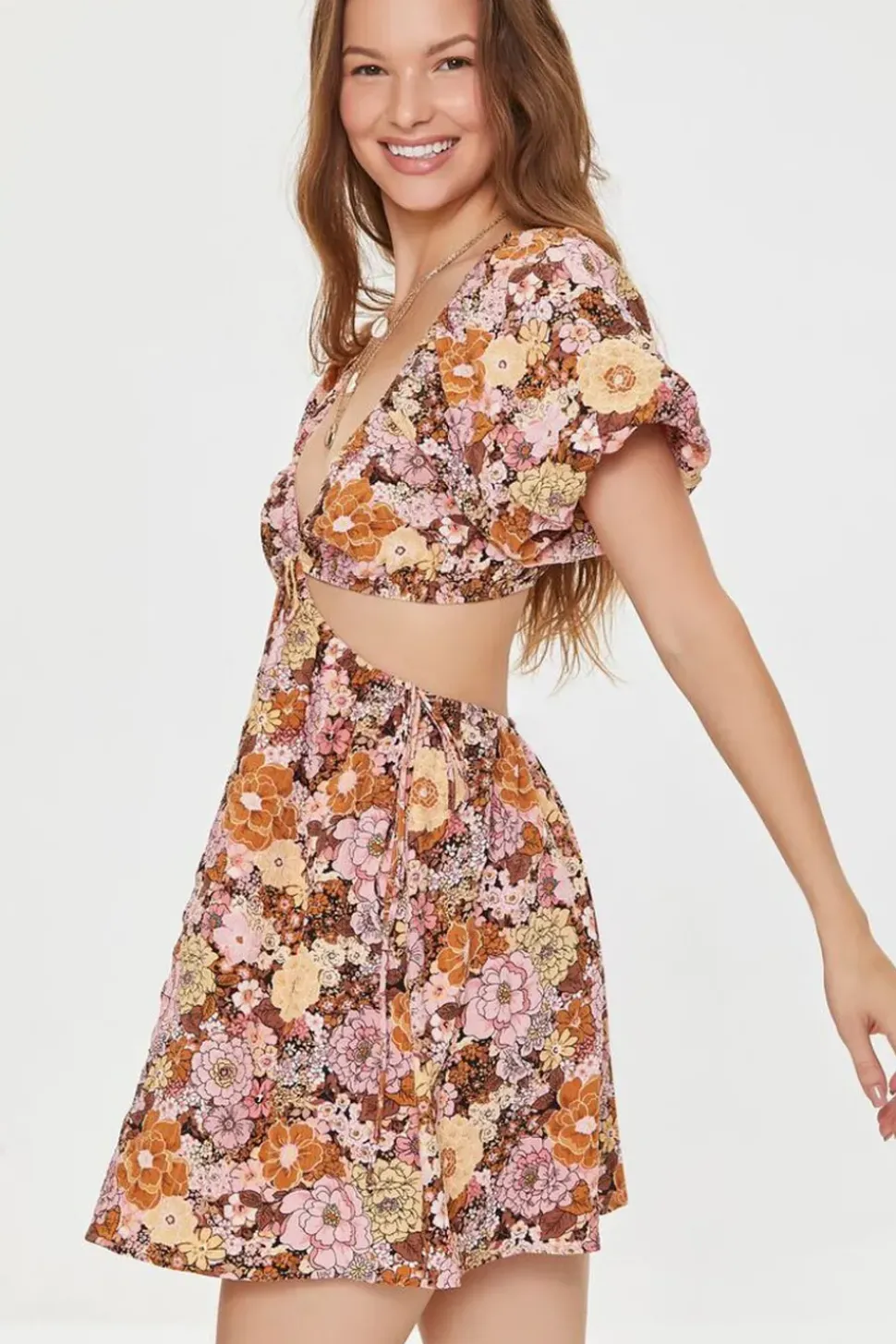 Plunging Floral Mini Dress