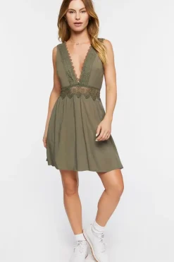Plunging Lace-Trim Mini Dress