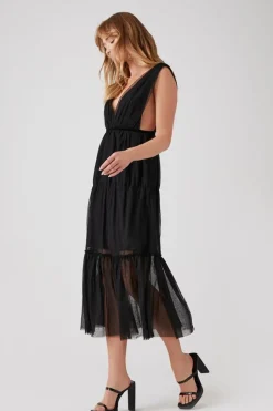 Plunging Mesh Midi Dress