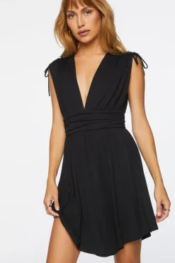 Plunging Ruched Mini Dress