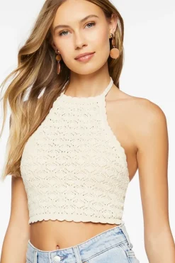 Pointelle Knit Cropped Halter Top