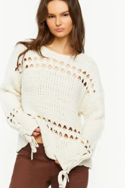 Pointelle Lace-Up Cutout Sweater