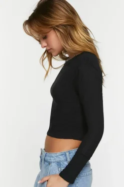 Pointelle Long-Sleeve Crop Top