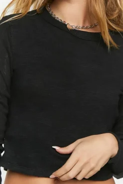 Pointelle Long-Sleeve Crop Top