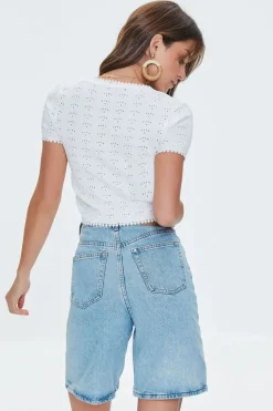 Pointelle Sweater-Knit Crop Top