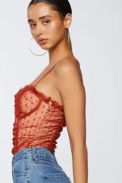 Polka Dot Mesh Ruffled Bodysuit