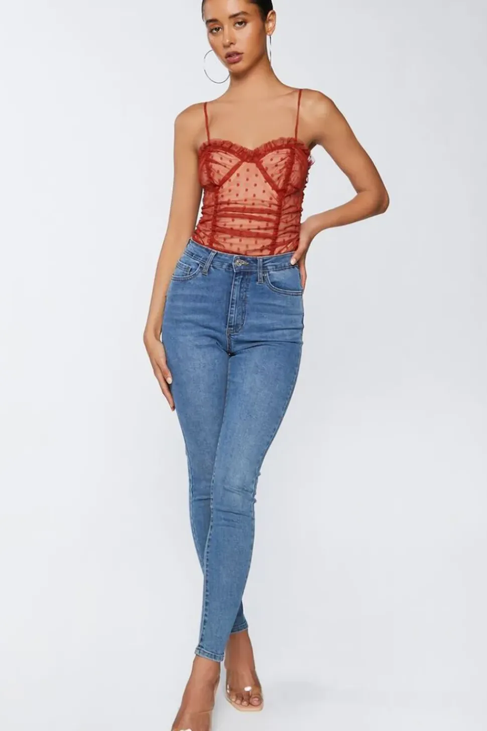 Polka Dot Mesh Ruffled Bodysuit