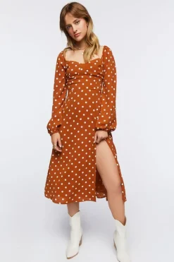 Polka Dot Peasant-Sleeve Midi Dress