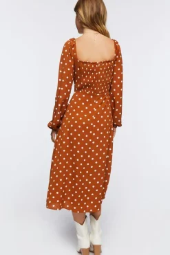 Polka Dot Peasant-Sleeve Midi Dress