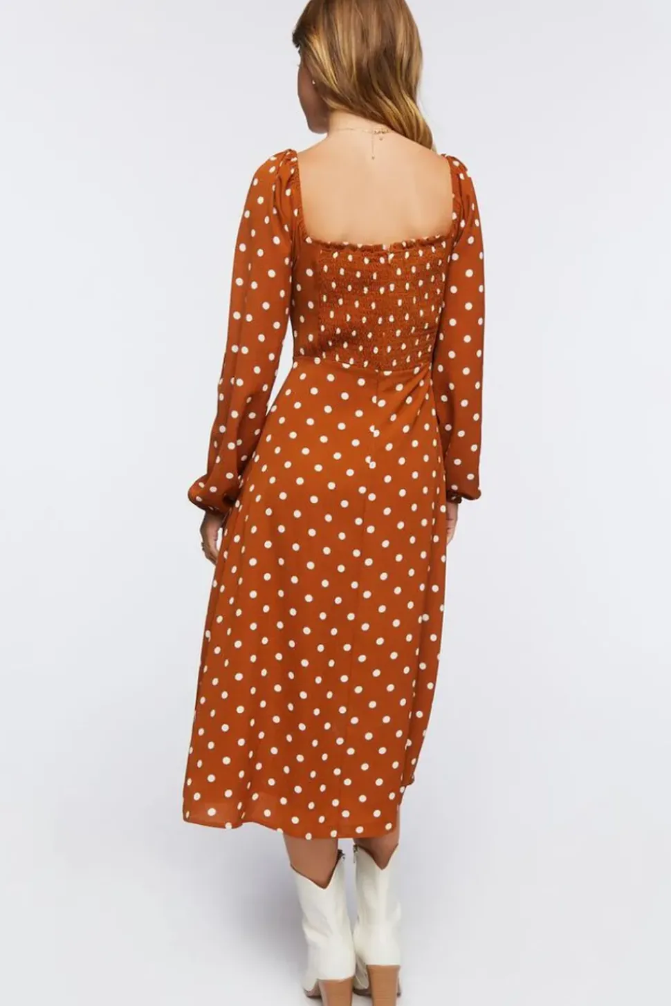 Polka Dot Peasant-Sleeve Midi Dress