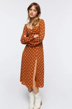 Polka Dot Peasant-Sleeve Midi Dress