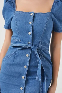 Puff-Sleeve Denim Mini Dress