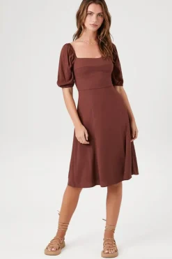 Puff-Sleeve Midi Dress