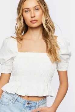 Puff-Sleeve Smocked Crop Top