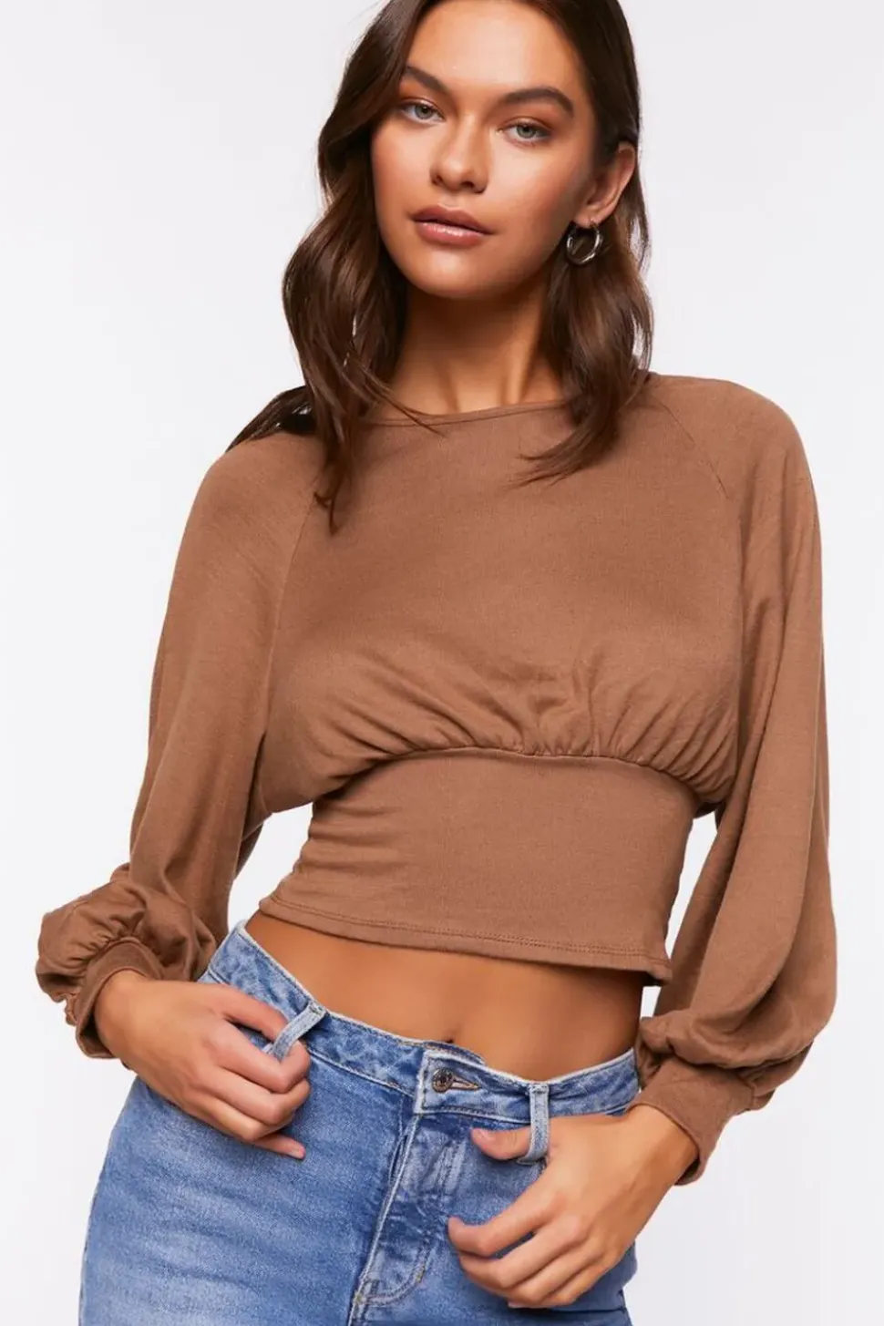Raglan-Sleeve Shirred Crop Top